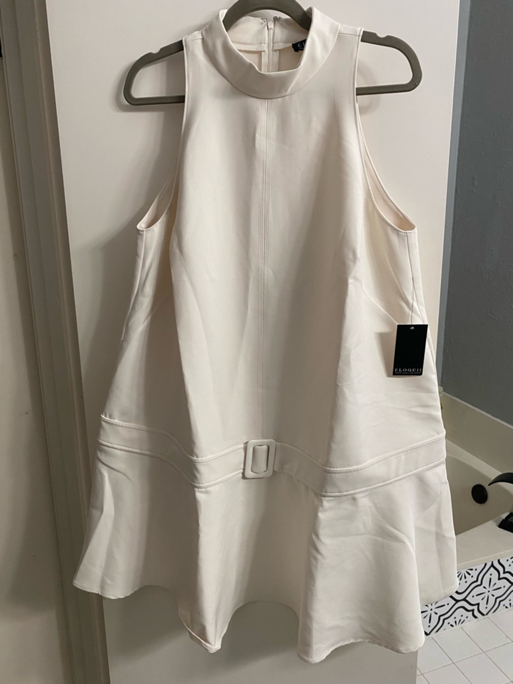 Eloquii NWT Cream Mock Neck Halter Belted Mini Dress Size 14